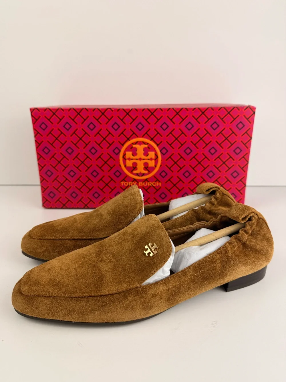 Tory Burch Kira 20mm Elastic Loafers Rhum Brown Suede Slip On Flats Size 6